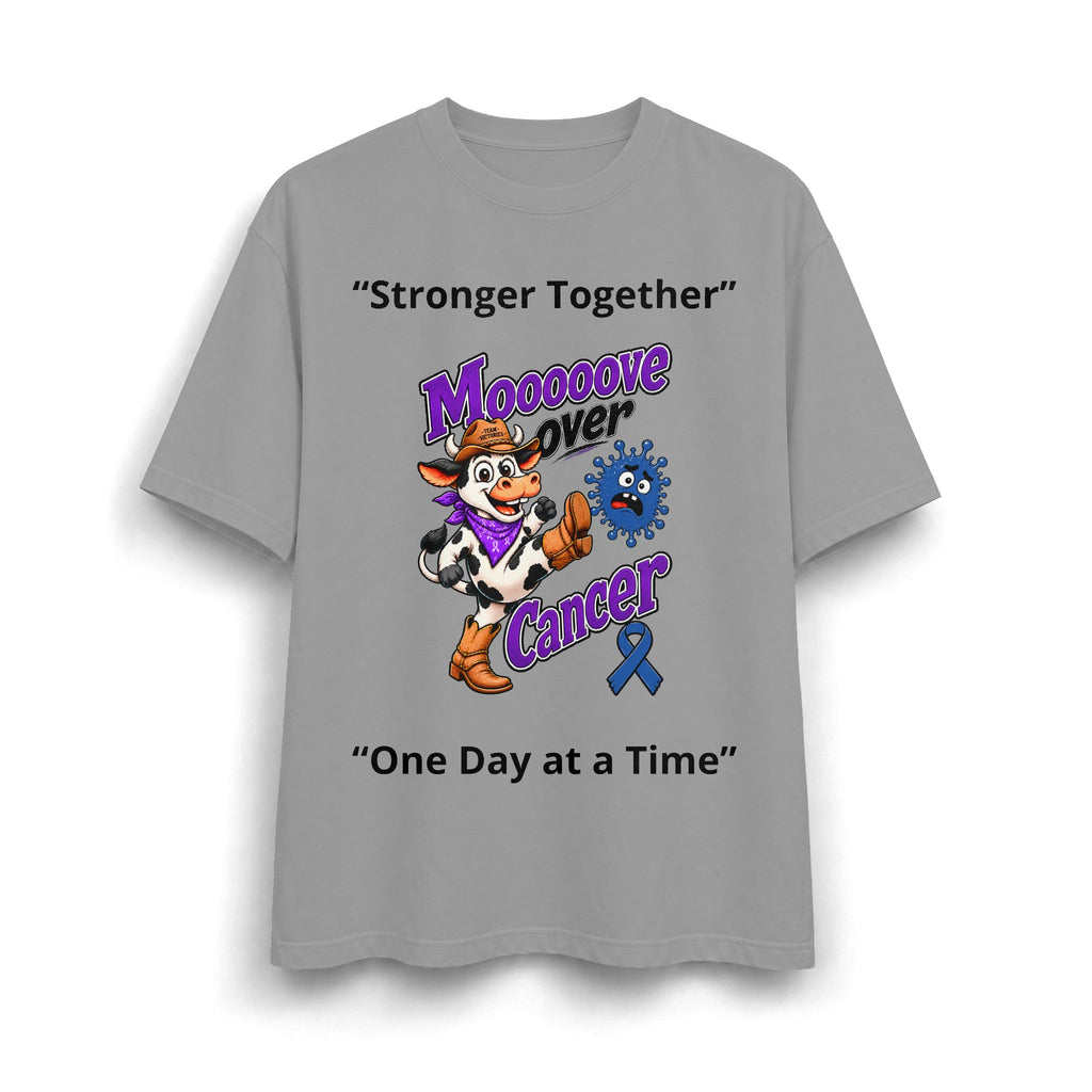 Gray Moooove Over Cancer heavyweight T-shirt with cow character and blue awareness ribbon