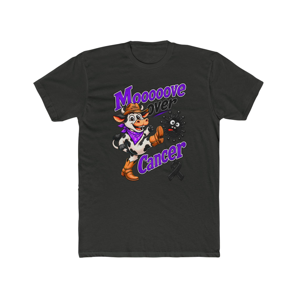 Dark charcoal Moooove Over Cancer T-shirt with purple lettering and cow graphic