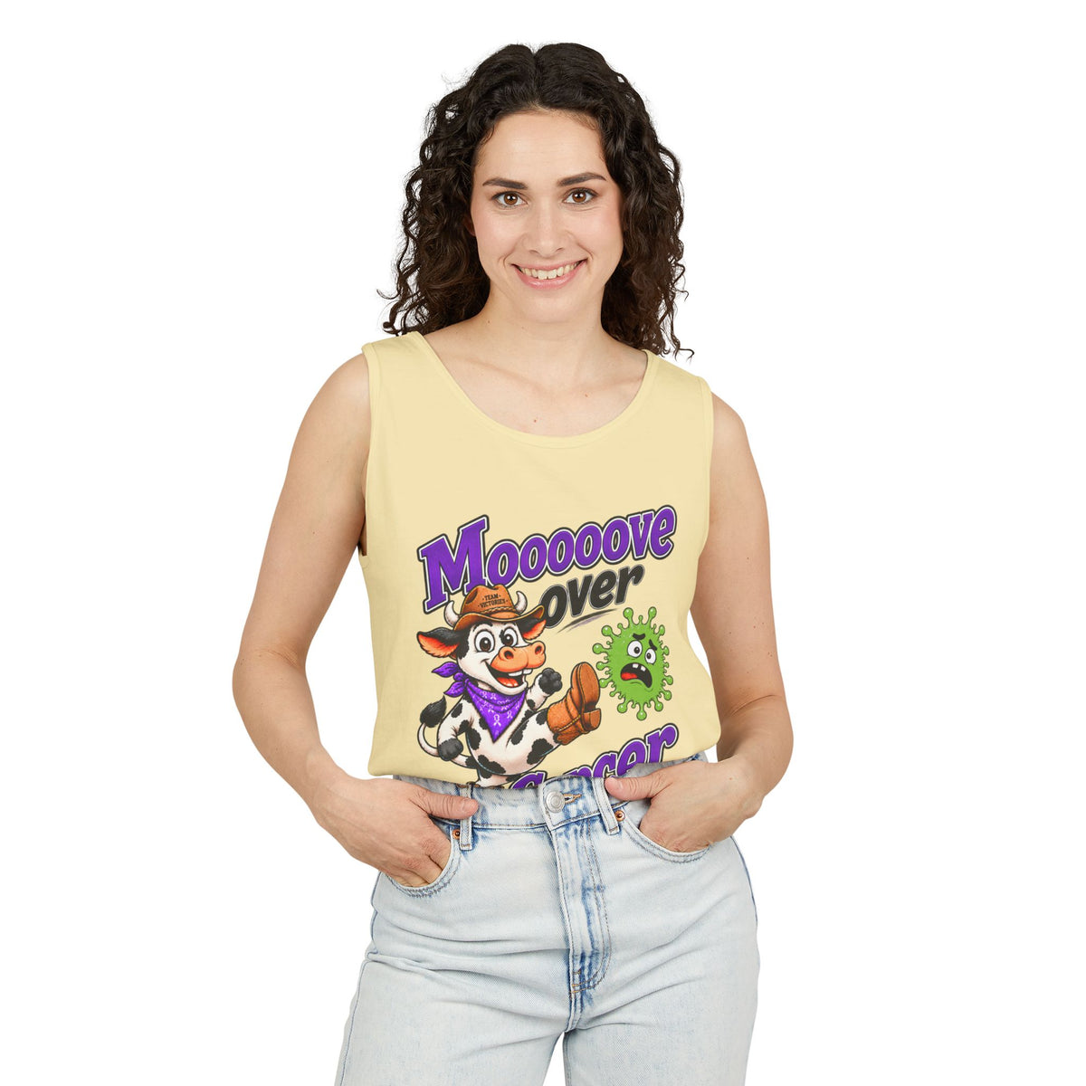 Man modeling olive Moooove Over Cancer tank top with cow artwork