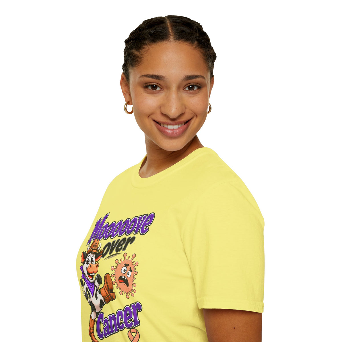 Woman wearing mint Moooove Over Cancer T-Shirt with cowgirl artwork