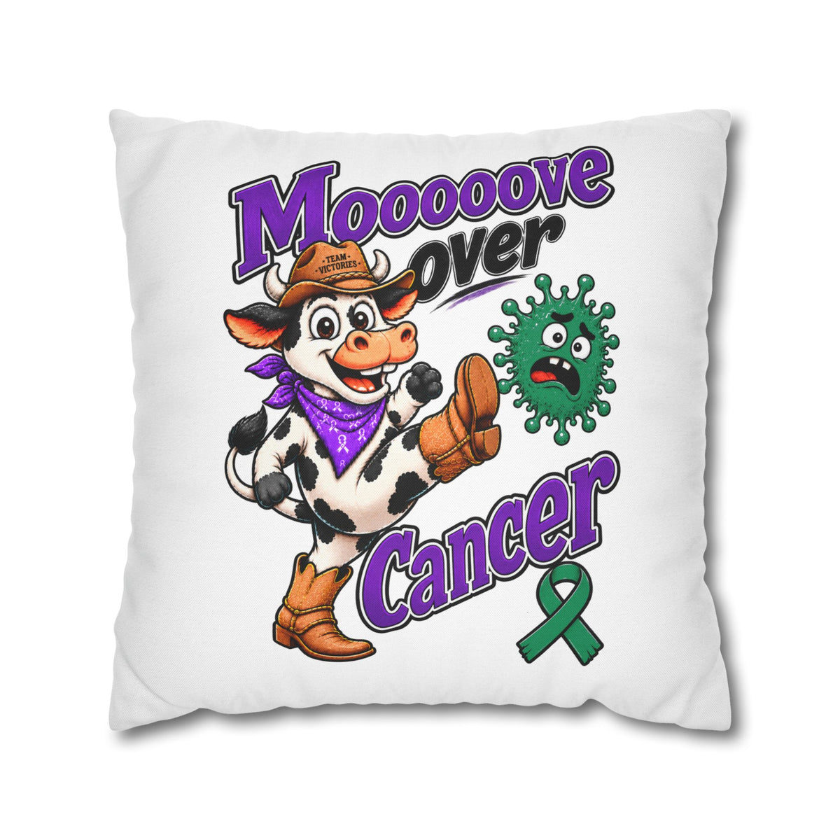 Reverse side of Team Victories pillowcase with green Liver Cancer awareness ribbon
