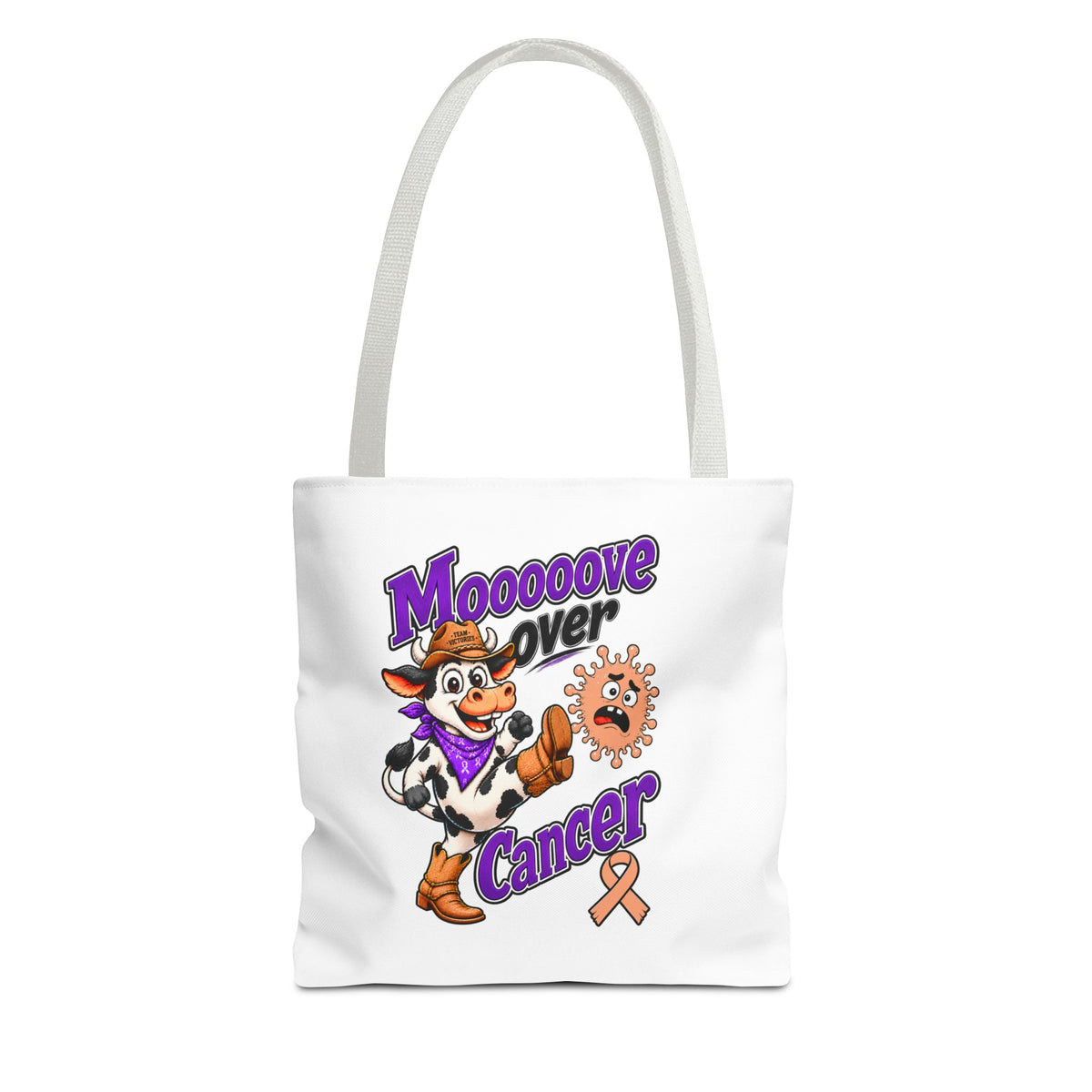 Moooove Over Cancer tote bag shown with burgundy handles and printed cow artwork
