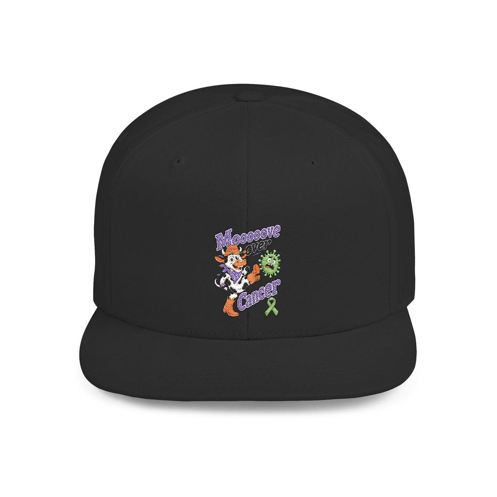 Heather gray and black Moooove Over Cancer snapback with embroidered awareness design