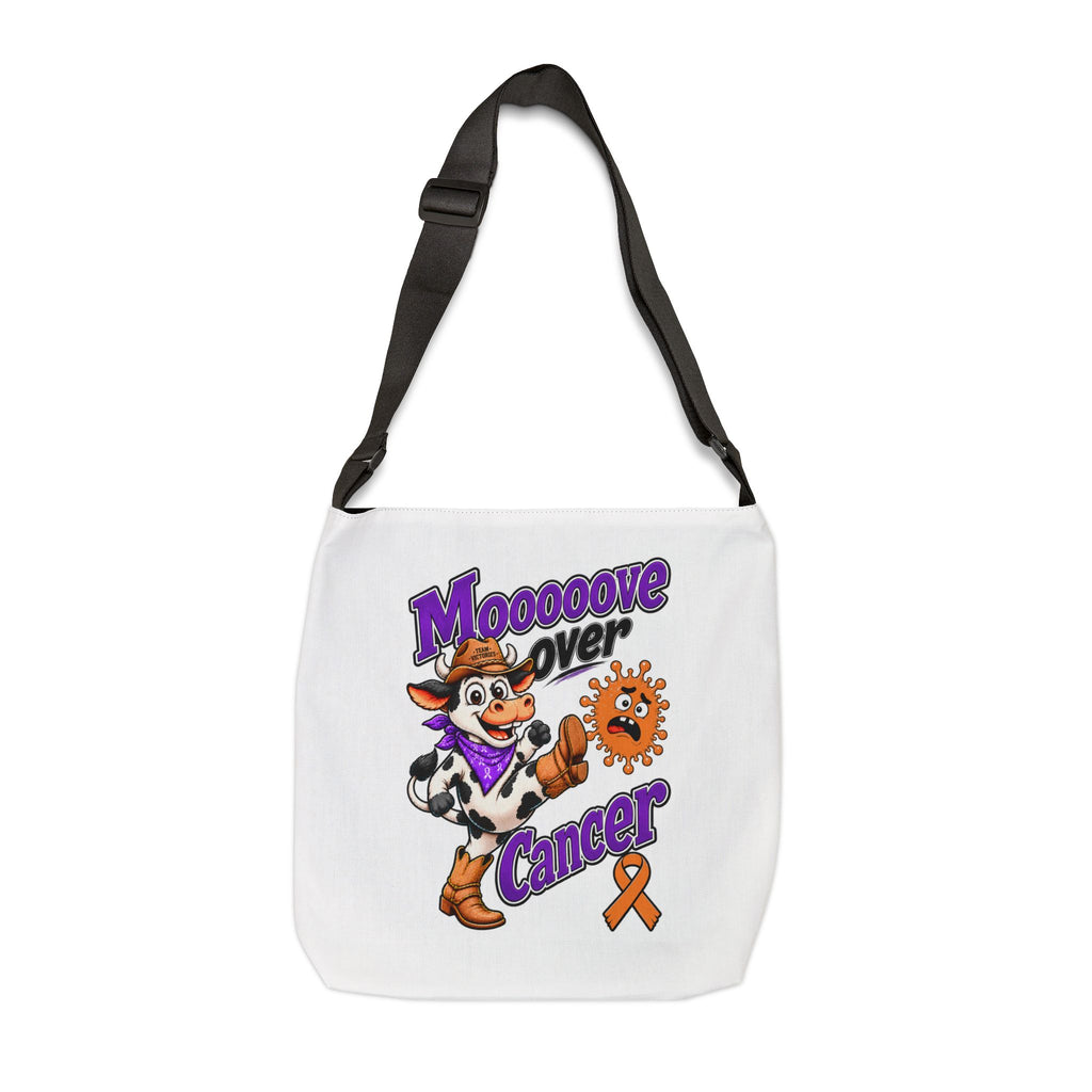 Moooove Over Cancer cow artwork on a white shoulder tote bag