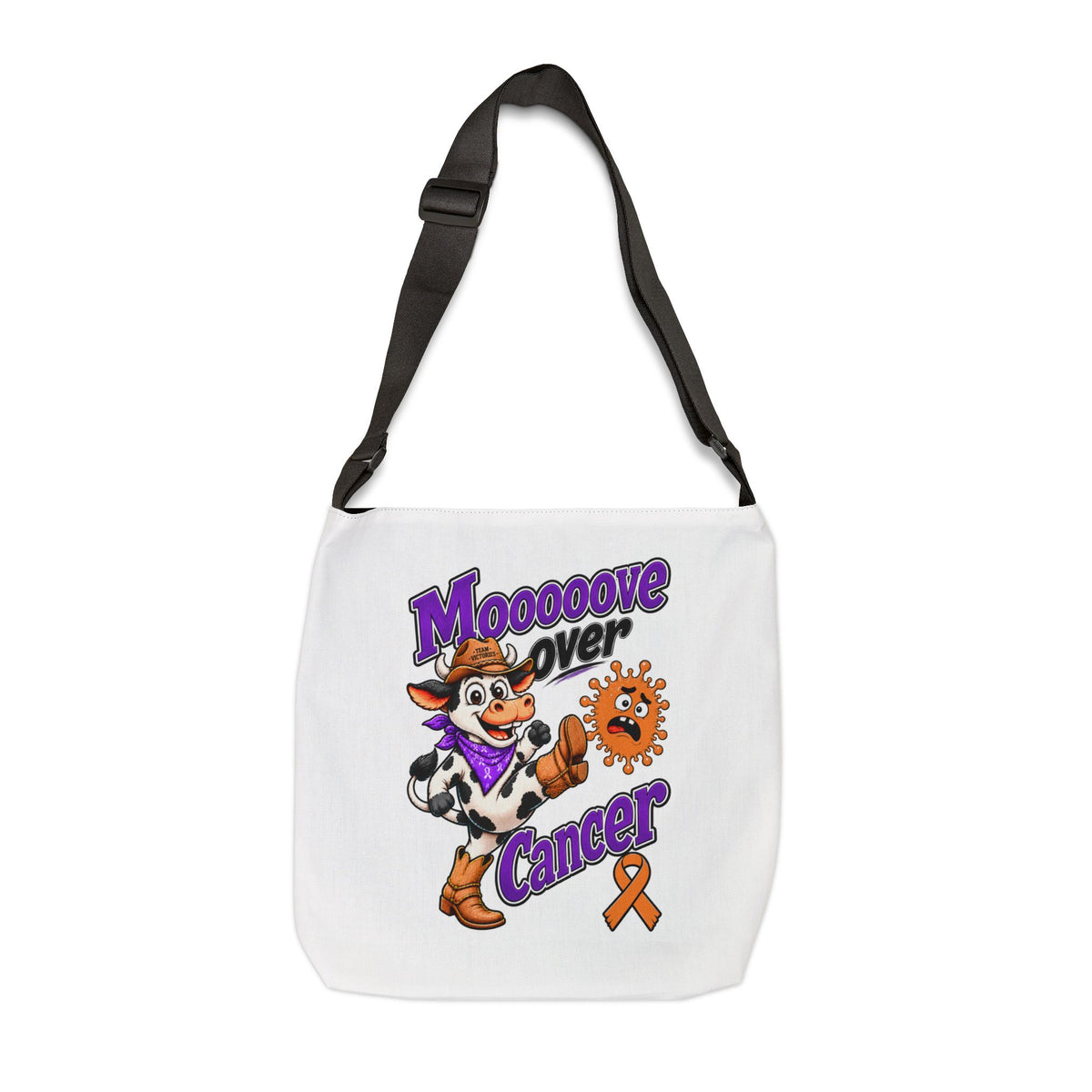 Moooove Over Cancer cow artwork on a white shoulder tote bag
