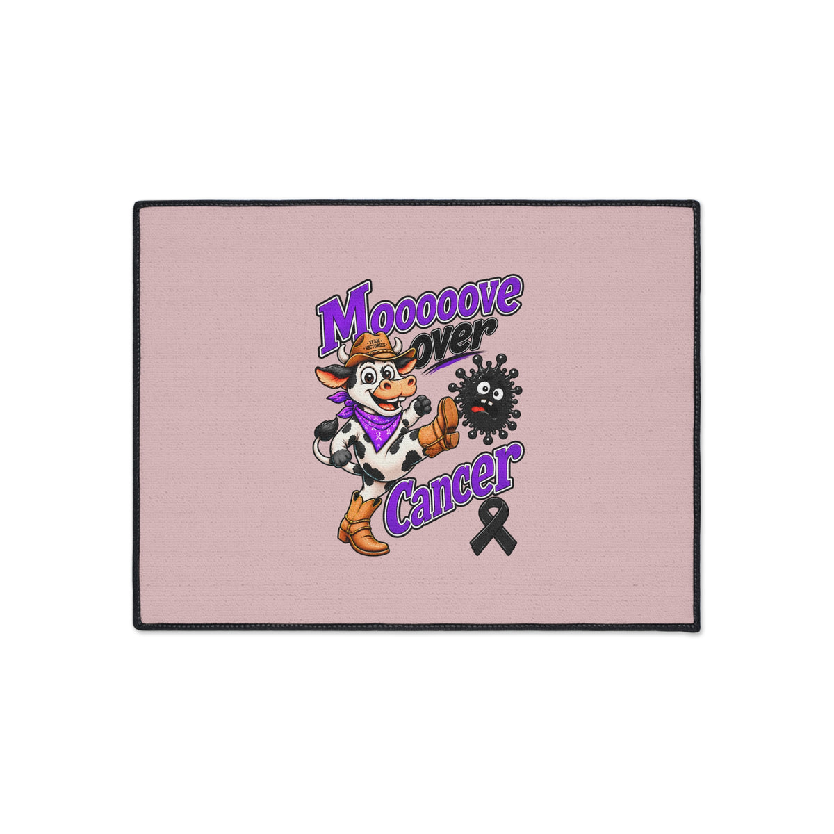 Moooove Over Cancer cow design centered on a rectangular floor mat