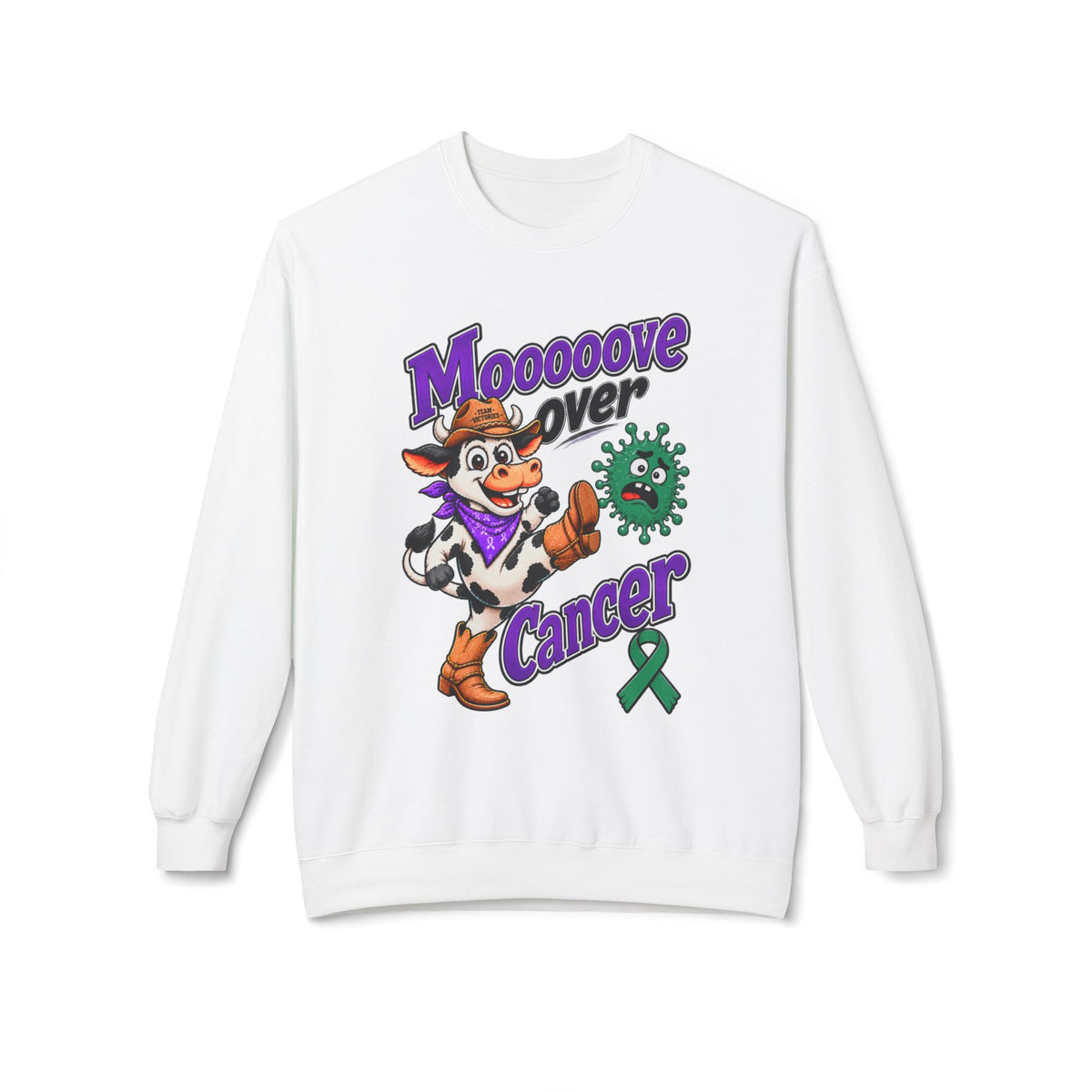 Moooove Over Cancer crewneck sweatshirt with Liver Cancer awareness ribbon artwork