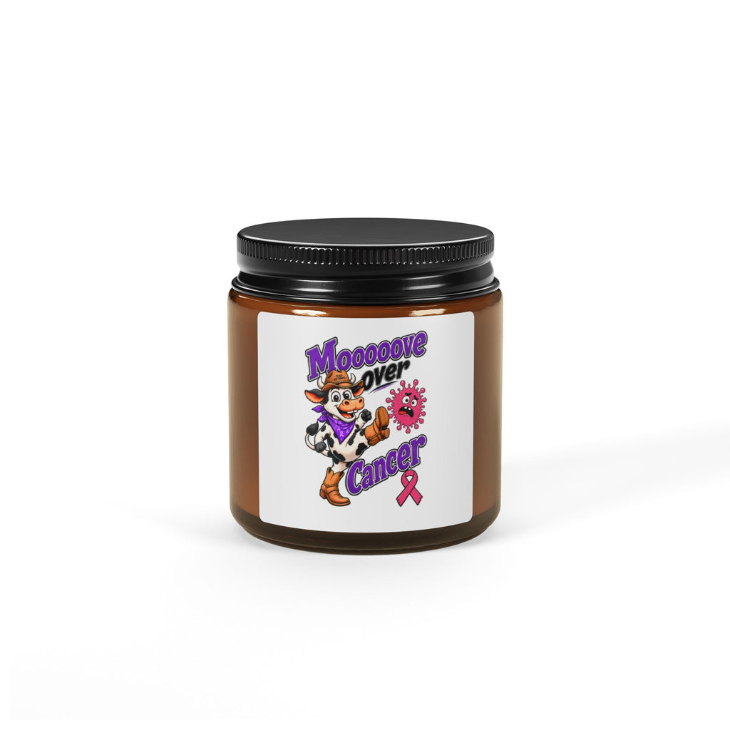 Moooove Over Cancer soy candle in an amber jar with a pink Breast Cancer awareness ribbon