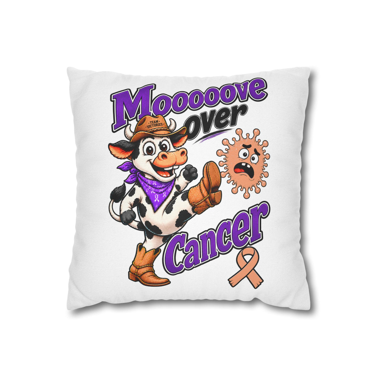 Moooove Over Cancer pillow case with cow artwork and peach Uterine Cancer awareness ribbon