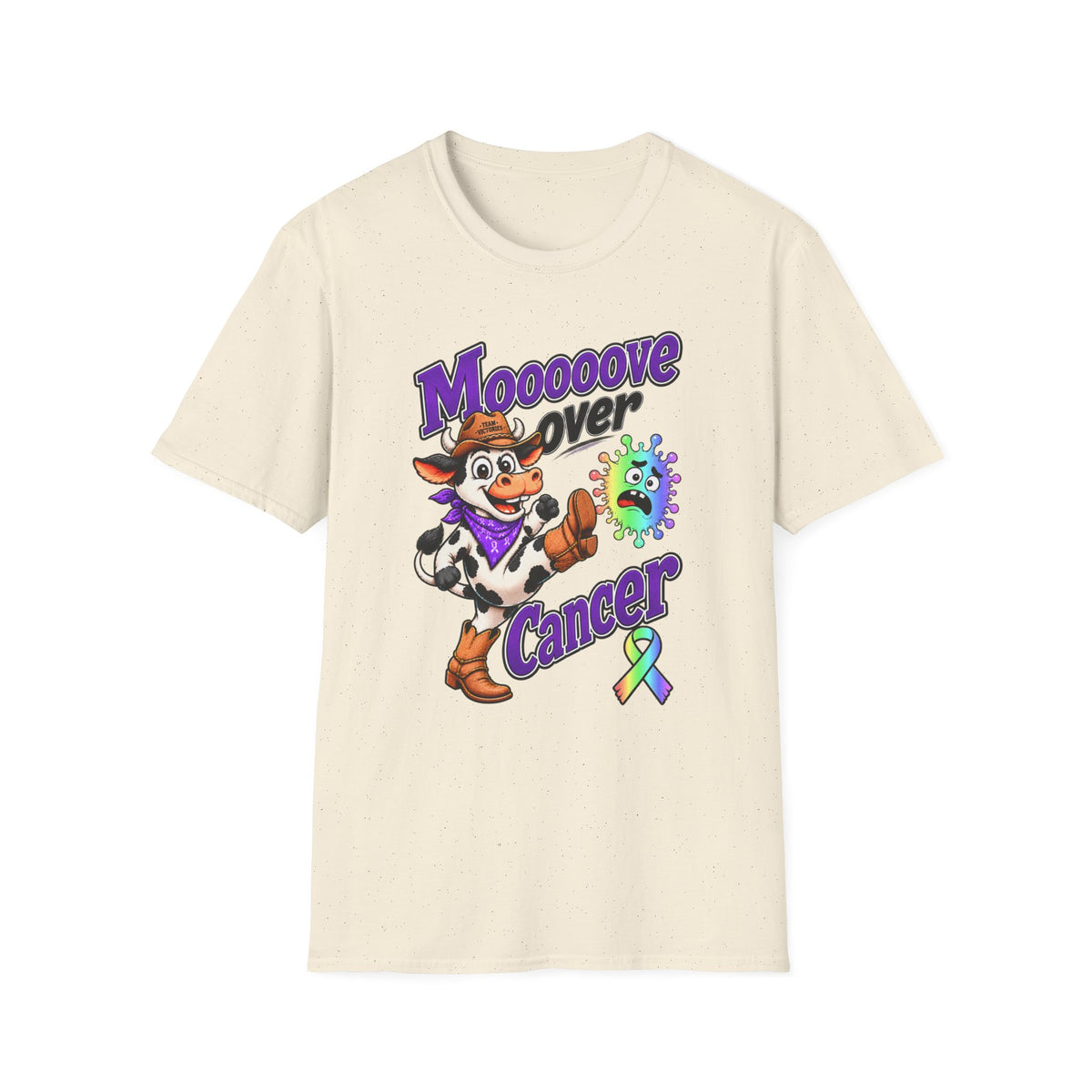 Moooove Over Cancer T-shirt in speckled cream with Western design