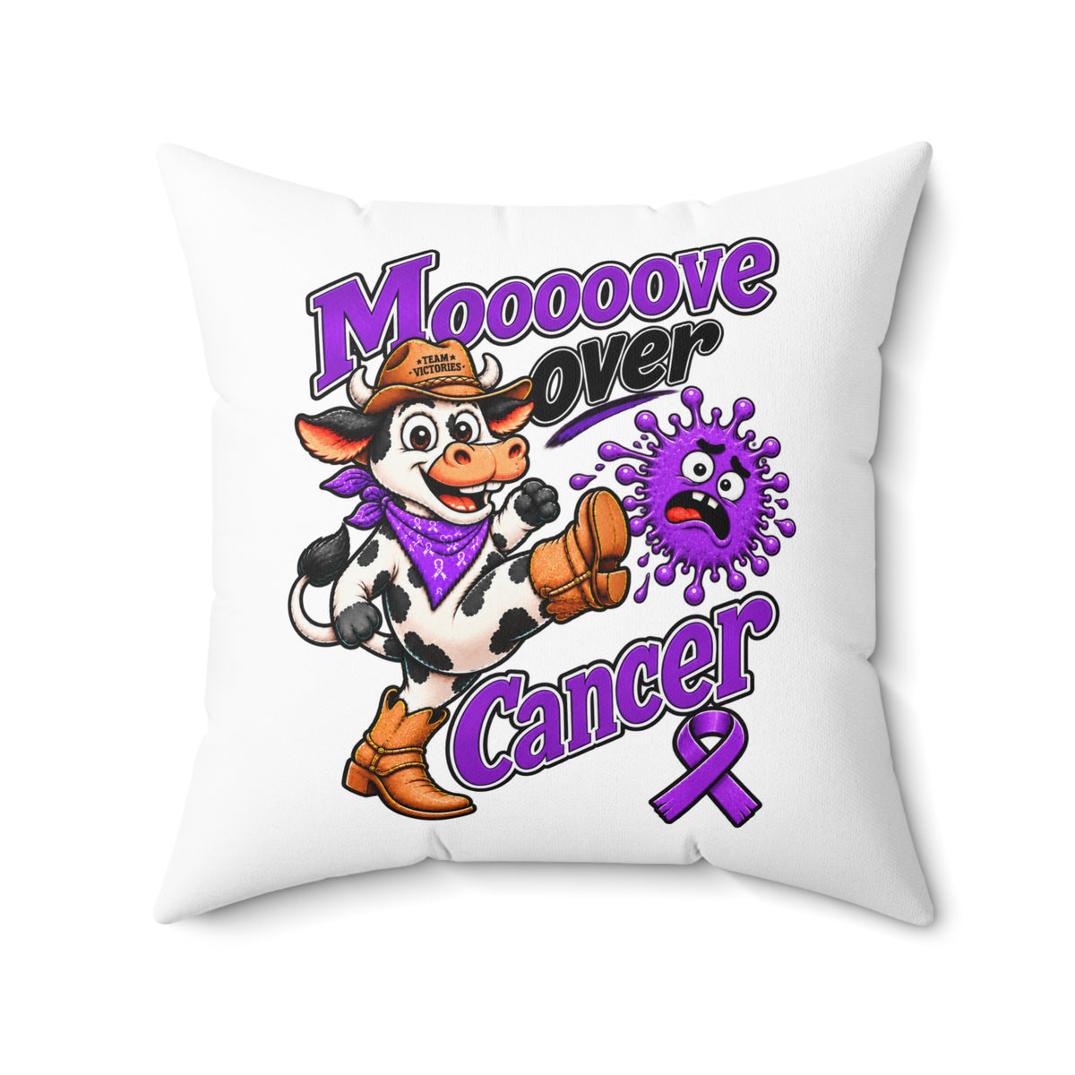 Close front view of Moooove Over Cancer throw pillow with Pancreatic Cancer awareness ribbon
