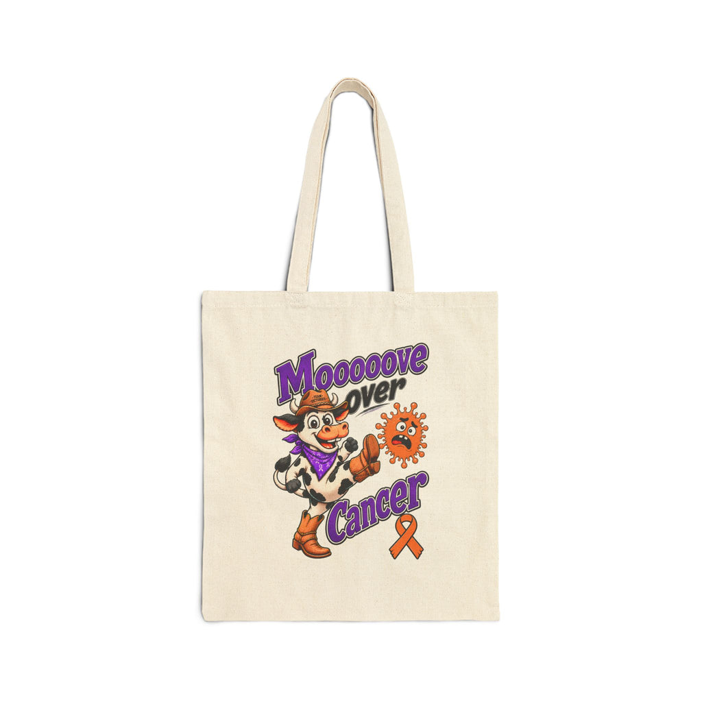 Natural Moooove Over Cancer canvas tote with colorful cow graphic and orange awareness ribbon