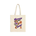 Natural Moooove Over Cancer canvas tote with colorful cow graphic and orange awareness ribbon