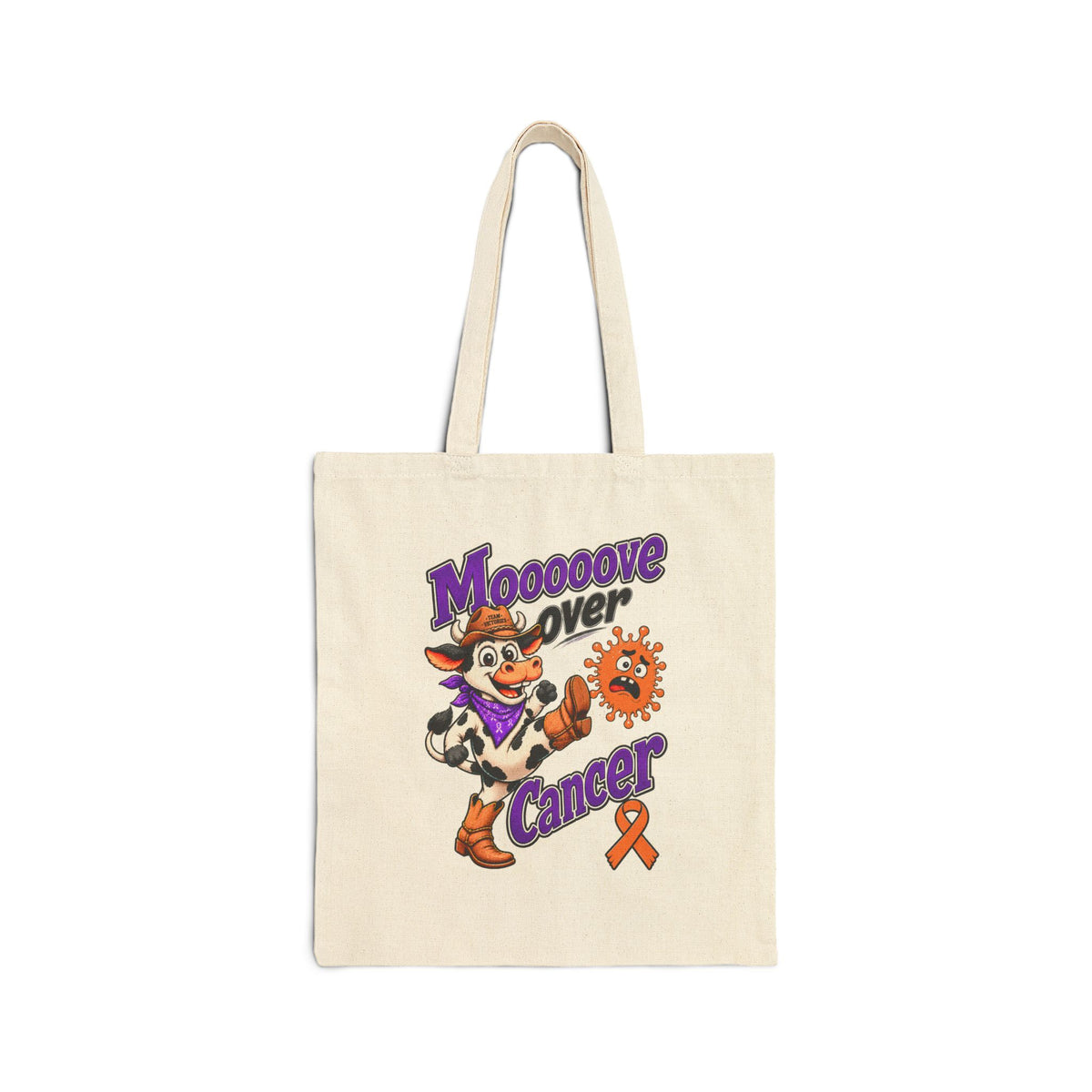 Natural Moooove Over Cancer canvas tote with colorful cow graphic and orange awareness ribbon