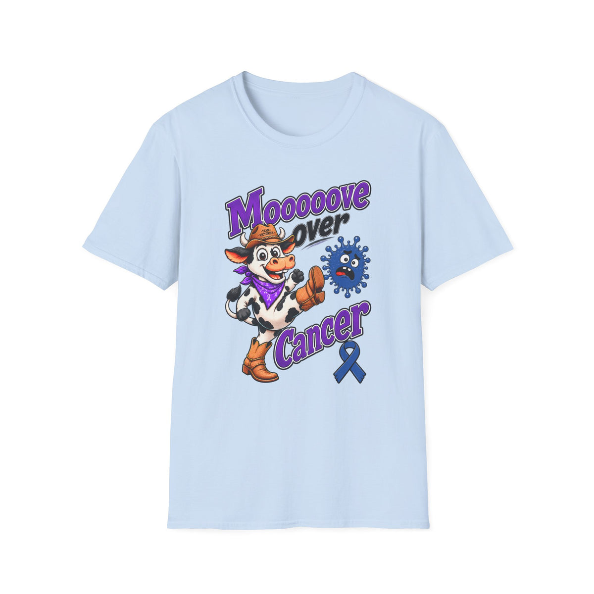 Moooove Over Cancer T-shirt in light blue featuring Western cancer awareness artwork