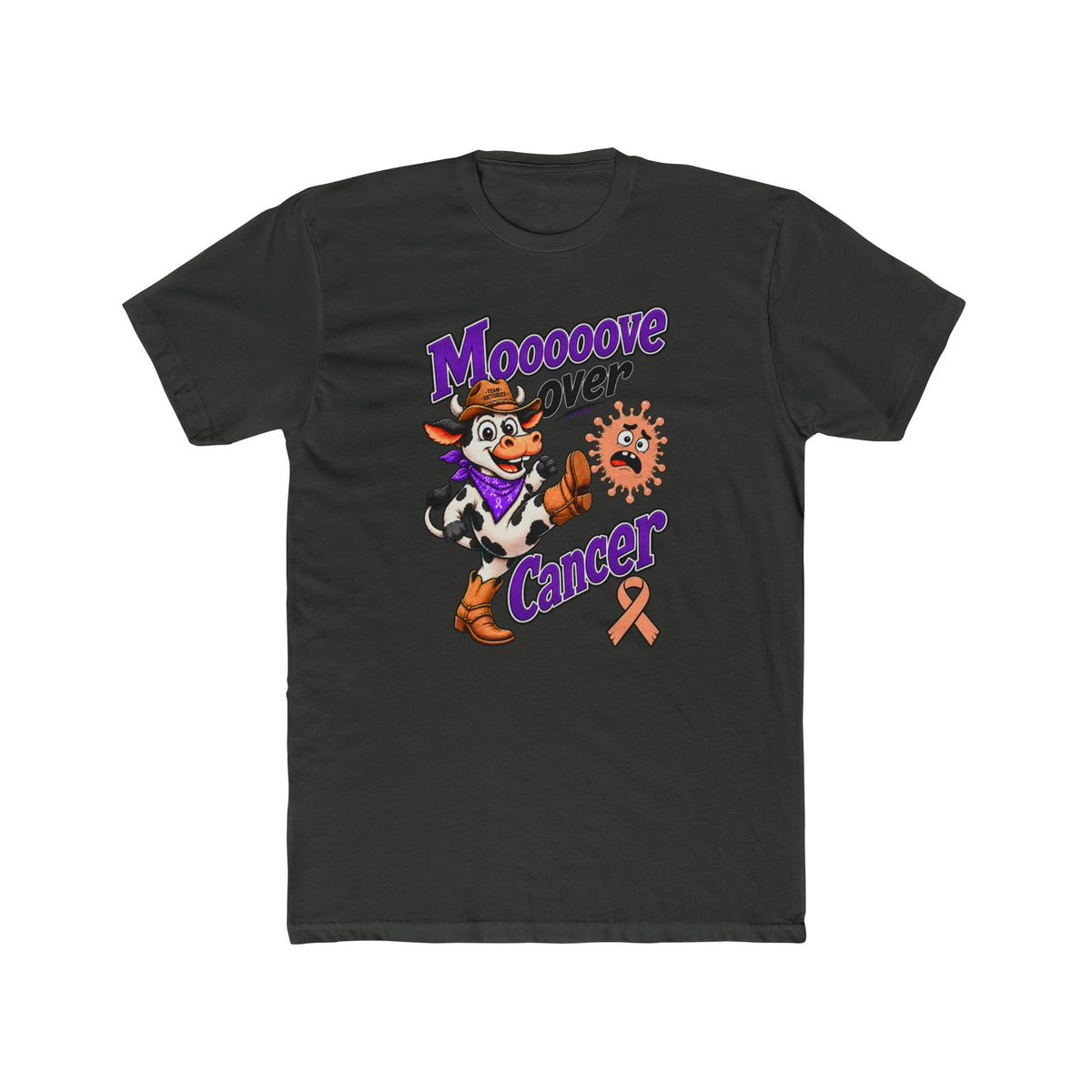 Moooove Over Cancer cow graphic T-shirt in cream with orange ribbon artwork