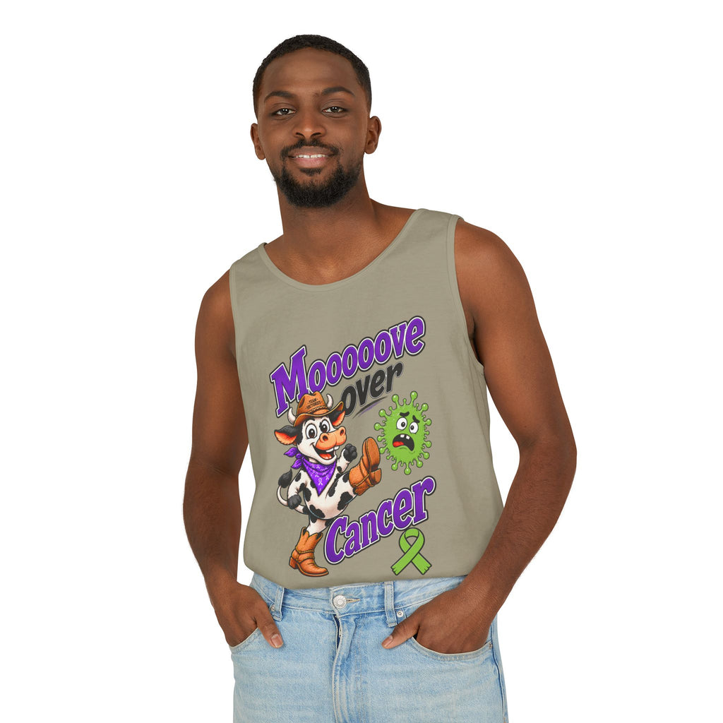 Woman modeling charcoal Moooove Over Cancer tank top with cow artwork