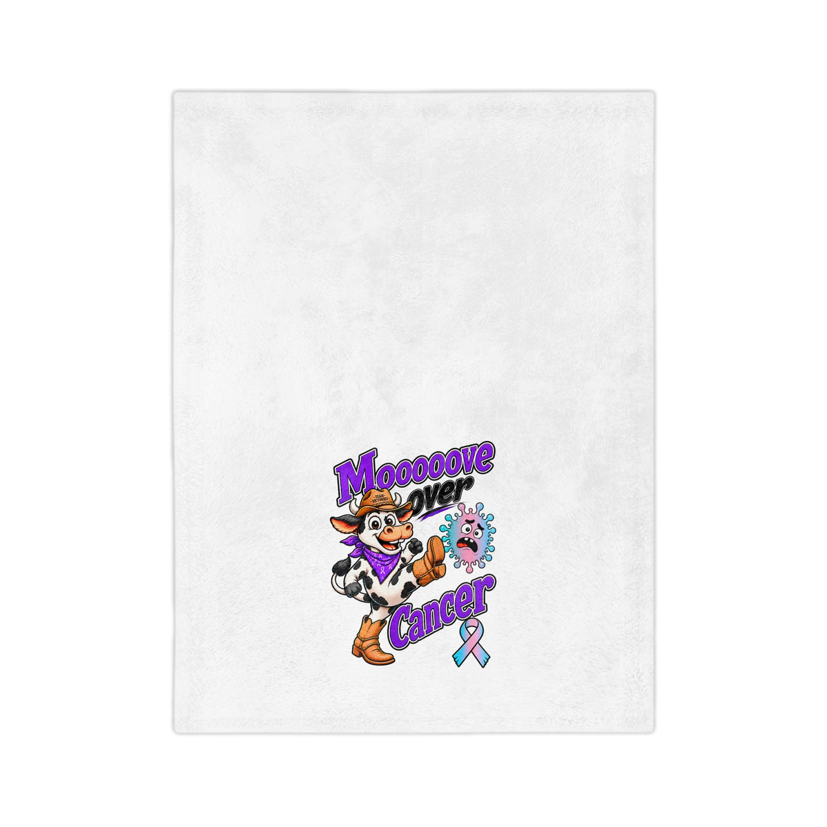 Moooove Over Cancer blanket with colorful cowgirl, cow, and awareness ribbon artwork