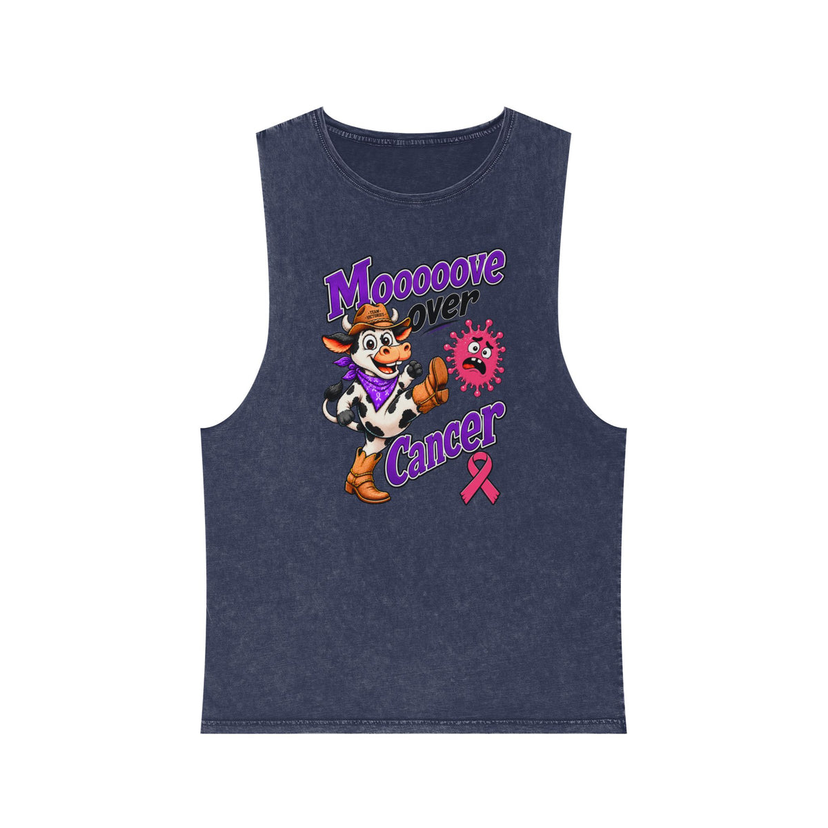 Moooove Over Cancer navy stonewashed tank top with Breast Cancer awareness artwork