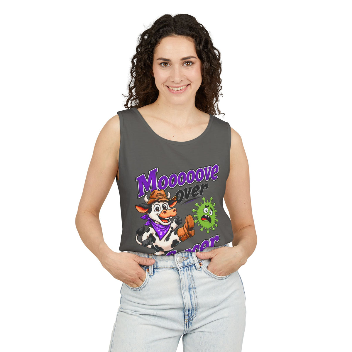 Man modeling gray Moooove Over Cancer tank top with awareness ribbon design