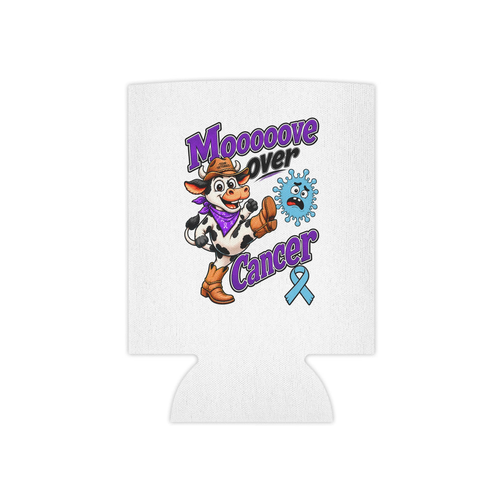 Moooove Over Cancer can cooler with cow mascot, purple lettering, and blue awareness ribbon