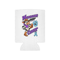 Moooove Over Cancer can cooler with cow mascot, purple lettering, and blue awareness ribbon