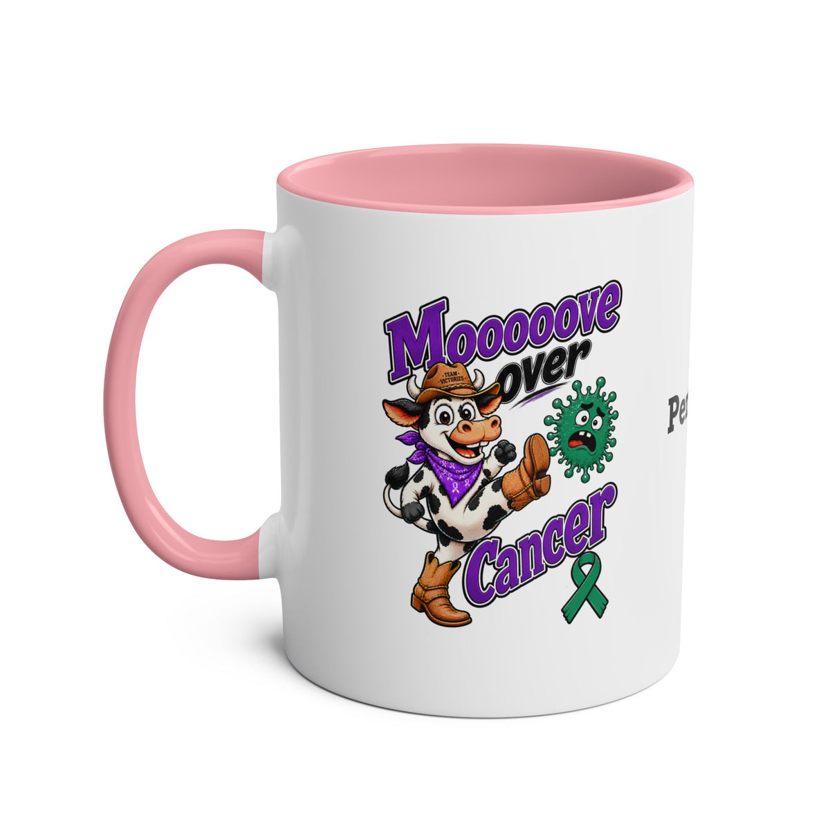 Moooove Over Cancer mug with pink accent color and personalization area