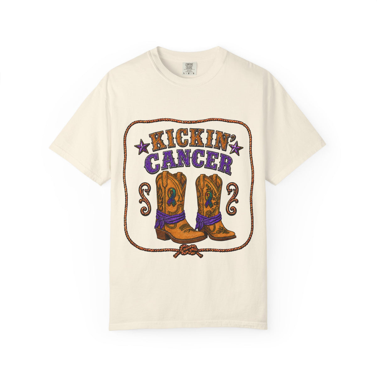 Cream Kickin' Cancer unisex T-shirt with cowboy boot and awareness-ribbon artwork
