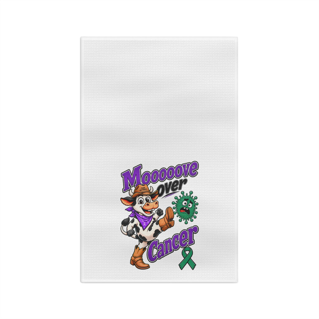 Moooove Over Cancer microfiber tea towel with colorful cow character and green awareness ribbon