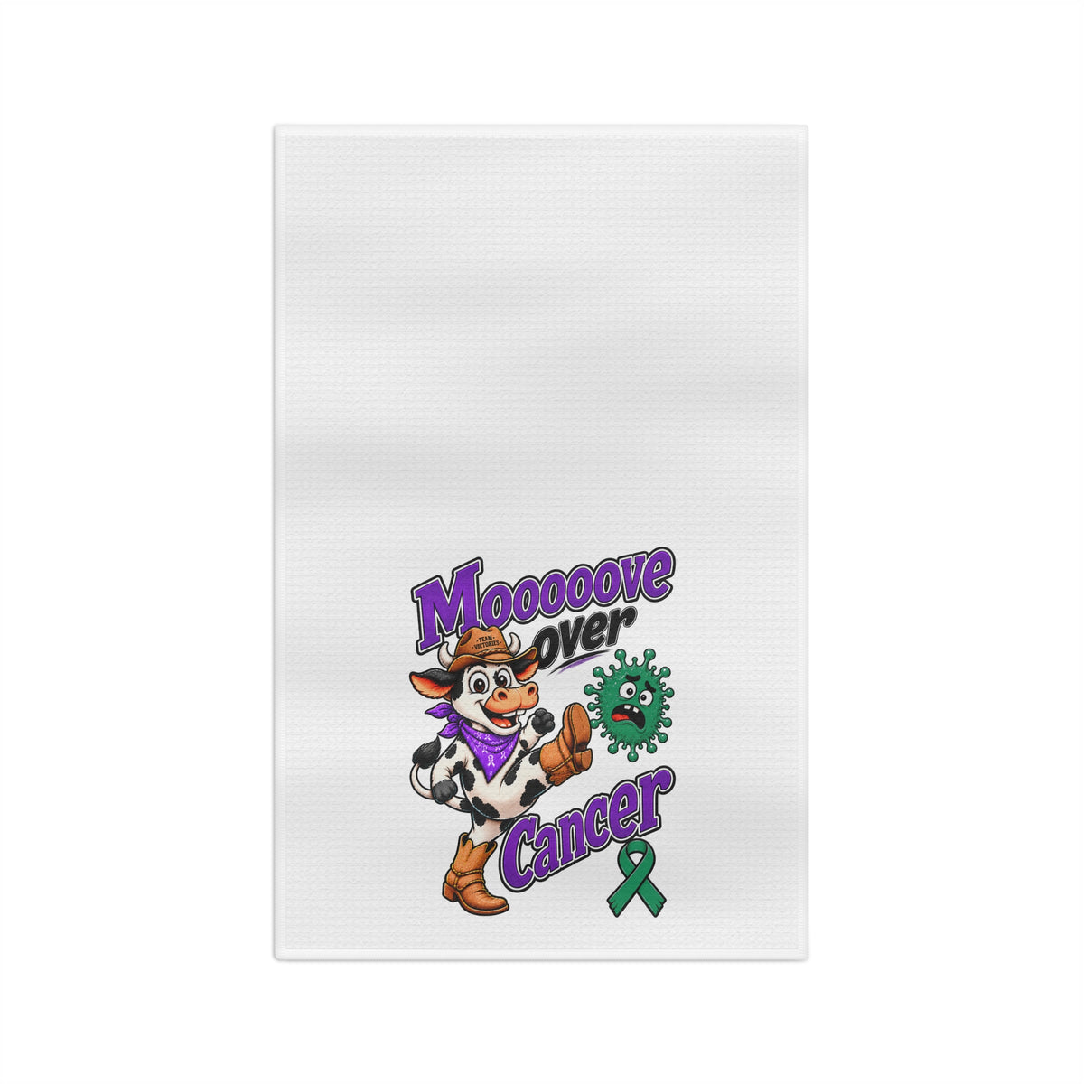 Moooove Over Cancer microfiber tea towel with colorful cow character and green awareness ribbon