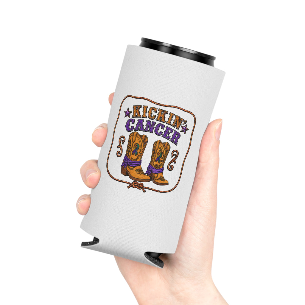 Hand holding a light gray Slim Can cooler with western boot artwork