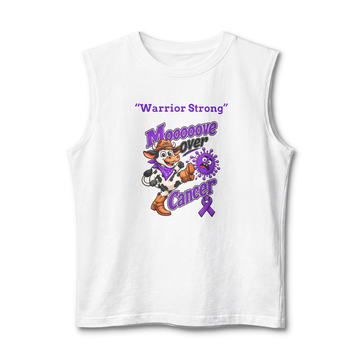 White Moooove Over Cancer tank top with Warrior Strong design and Pancreatic Cancer awareness ribbon