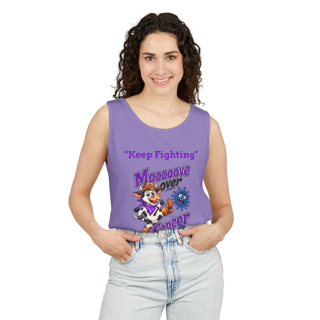 Woman wearing pink Moooove Over Cancer tank top with Colon Cancer awareness ribbon