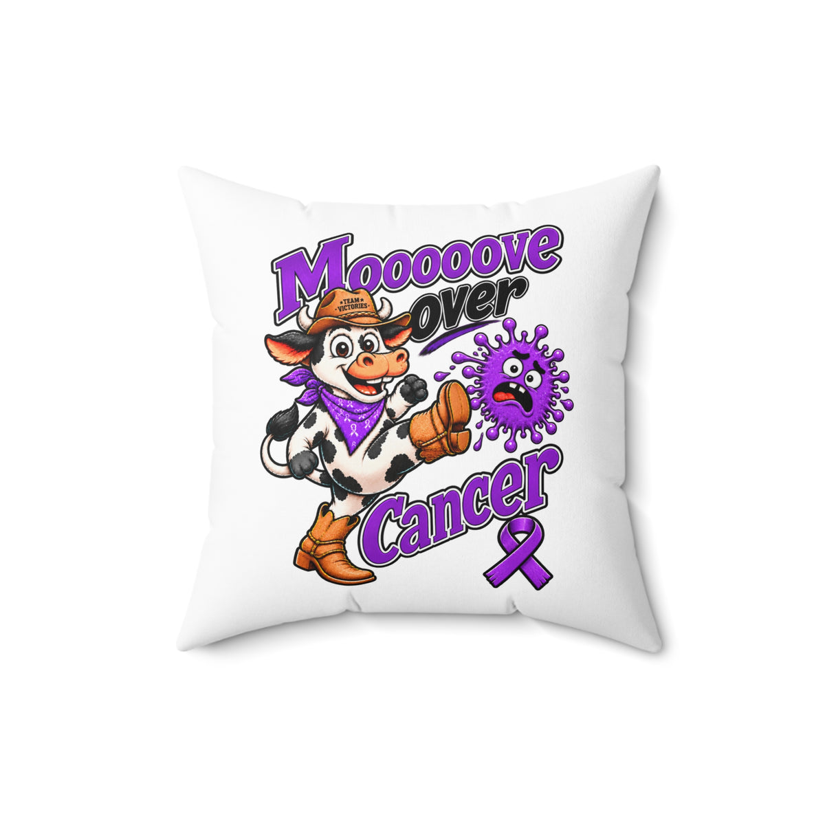 Front view of Moooove Over Cancer Team Victories pillow with cowgirl design
