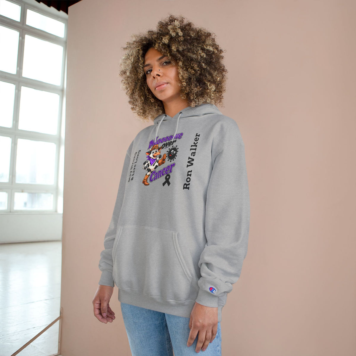 Model wearing gray personalized Moooove Over Cancer pullover hoodie