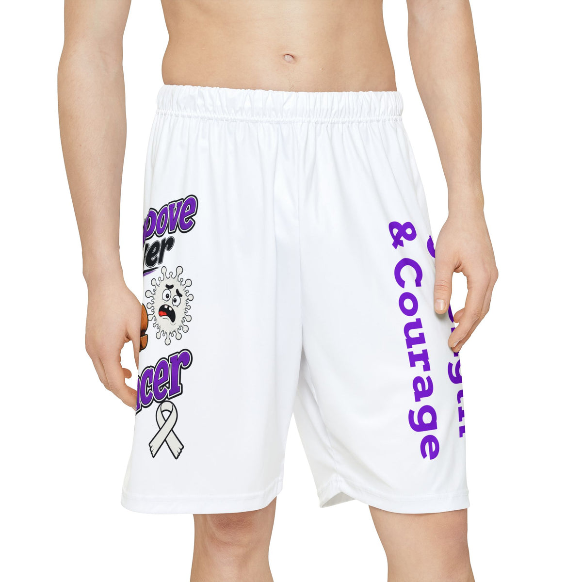 Front view of Moooove Over Cancer white sports shorts with purple Strength & Courage design