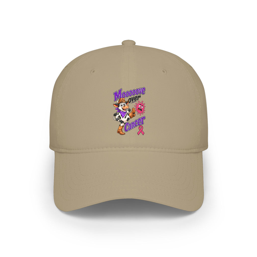 Khaki Moooove Over Cancer low-profile baseball hat with colorful character and pink ribbon design