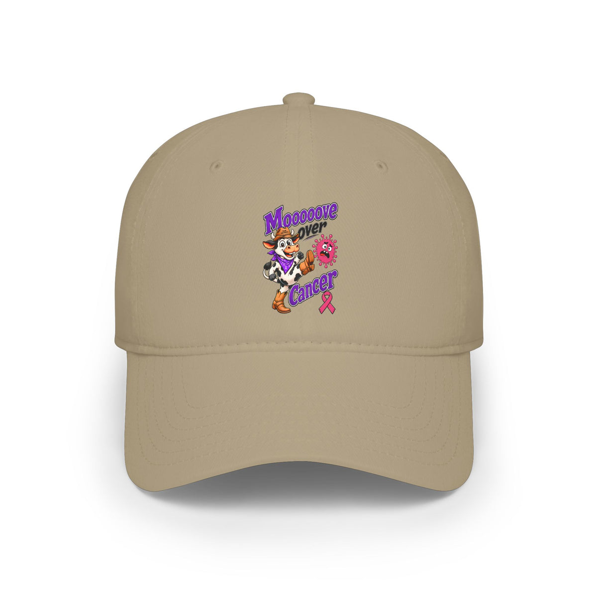 Khaki Moooove Over Cancer low-profile baseball hat with colorful character and pink ribbon design