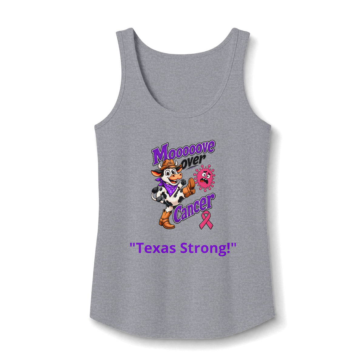 Heather gray Moooove Over Cancer tank top with Texas Strong slogan and Breast Cancer awareness ribbon