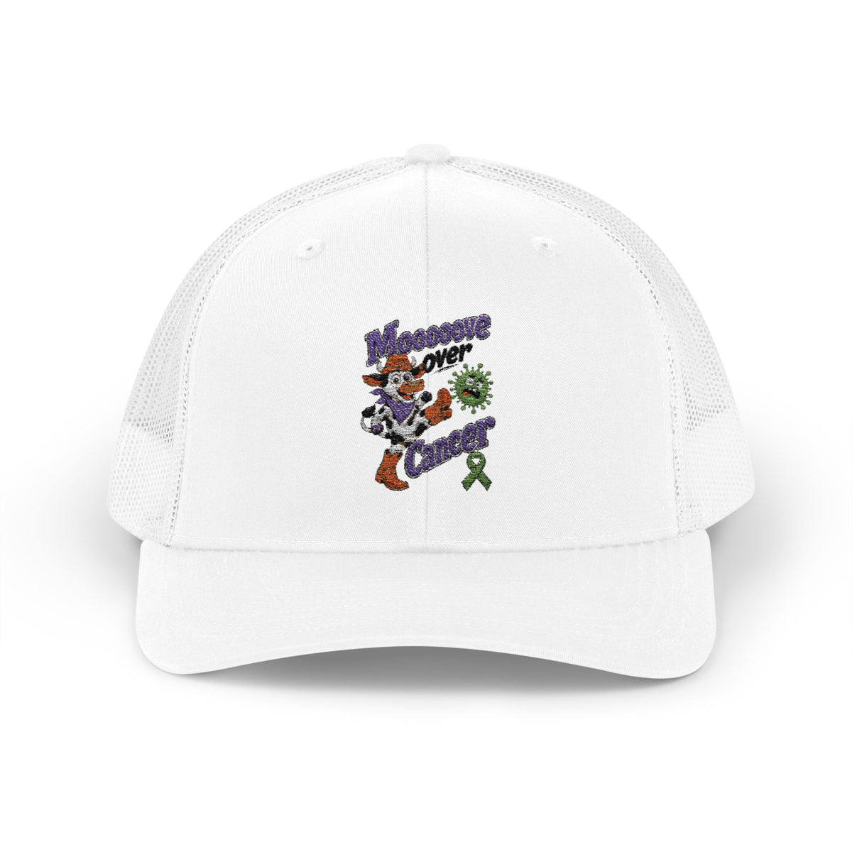 Moooove Over Cancer trucker hat modeled from the front with Non-Hodgkin/Lymphoma Cancer awareness artwork
