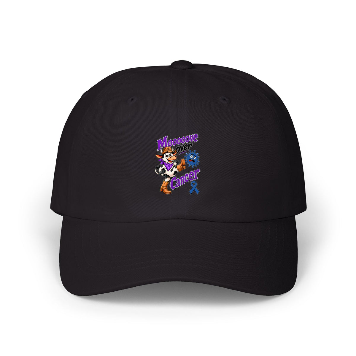 Moooove Over Cancer embroidered black dad cap with colorful awareness artwork