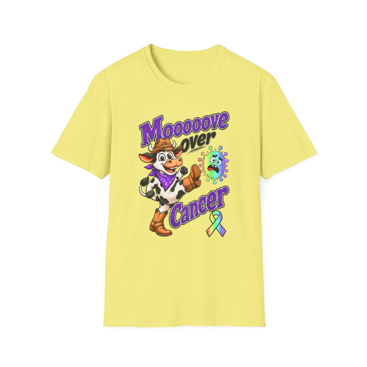 Moooove Over Cancer T-shirt in yellow with colorful awareness artwork