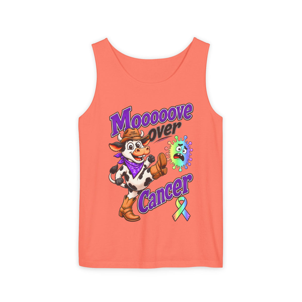 Bright coral Moooove Over Cancer tank top with cowgirl and all-cancer awareness ribbon