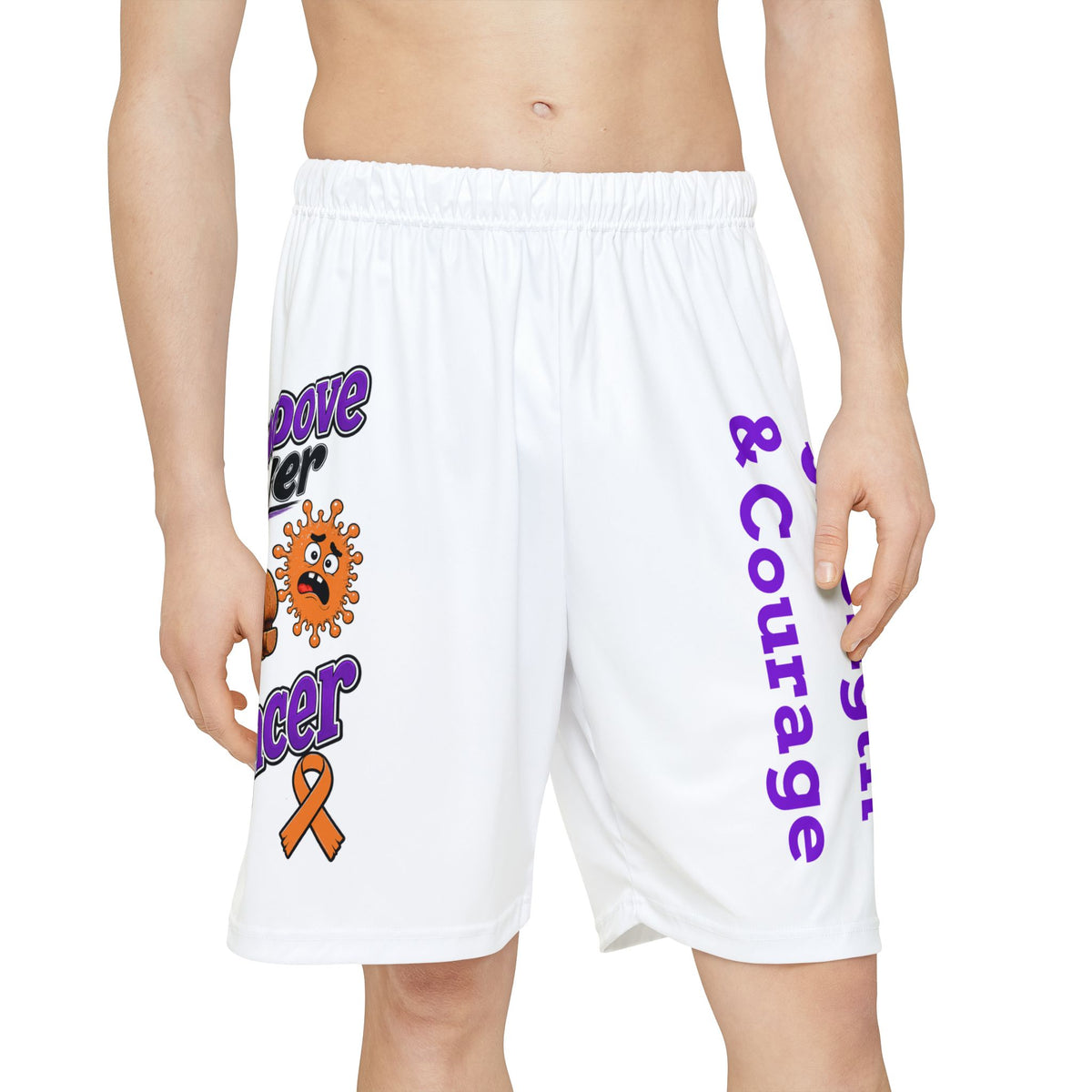 Front view of Moooove Over Cancer athletic shorts with orange ribbon artwork
