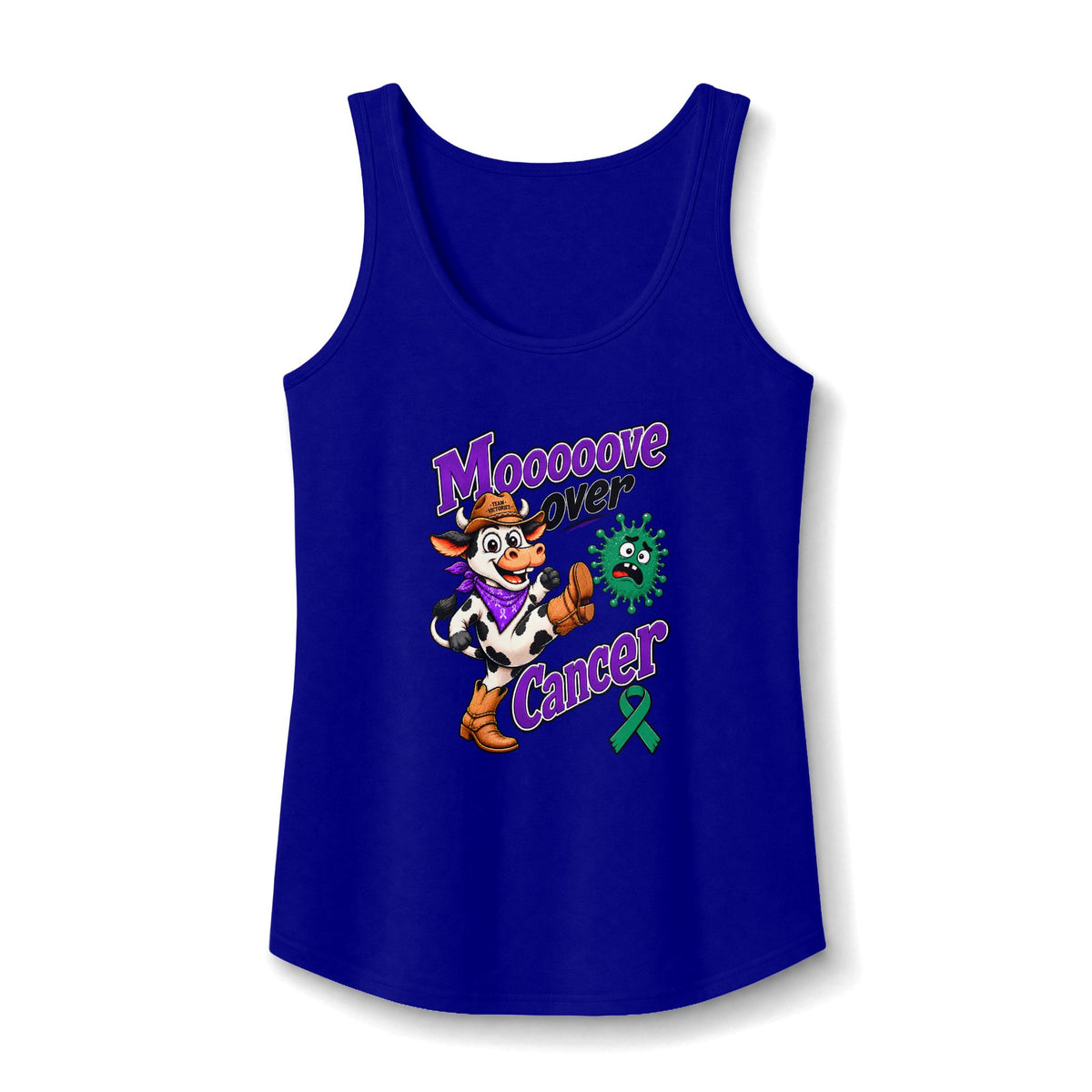 Blue Moooove Over Cancer tank top with cowgirl graphic and Liver Cancer awareness ribbon