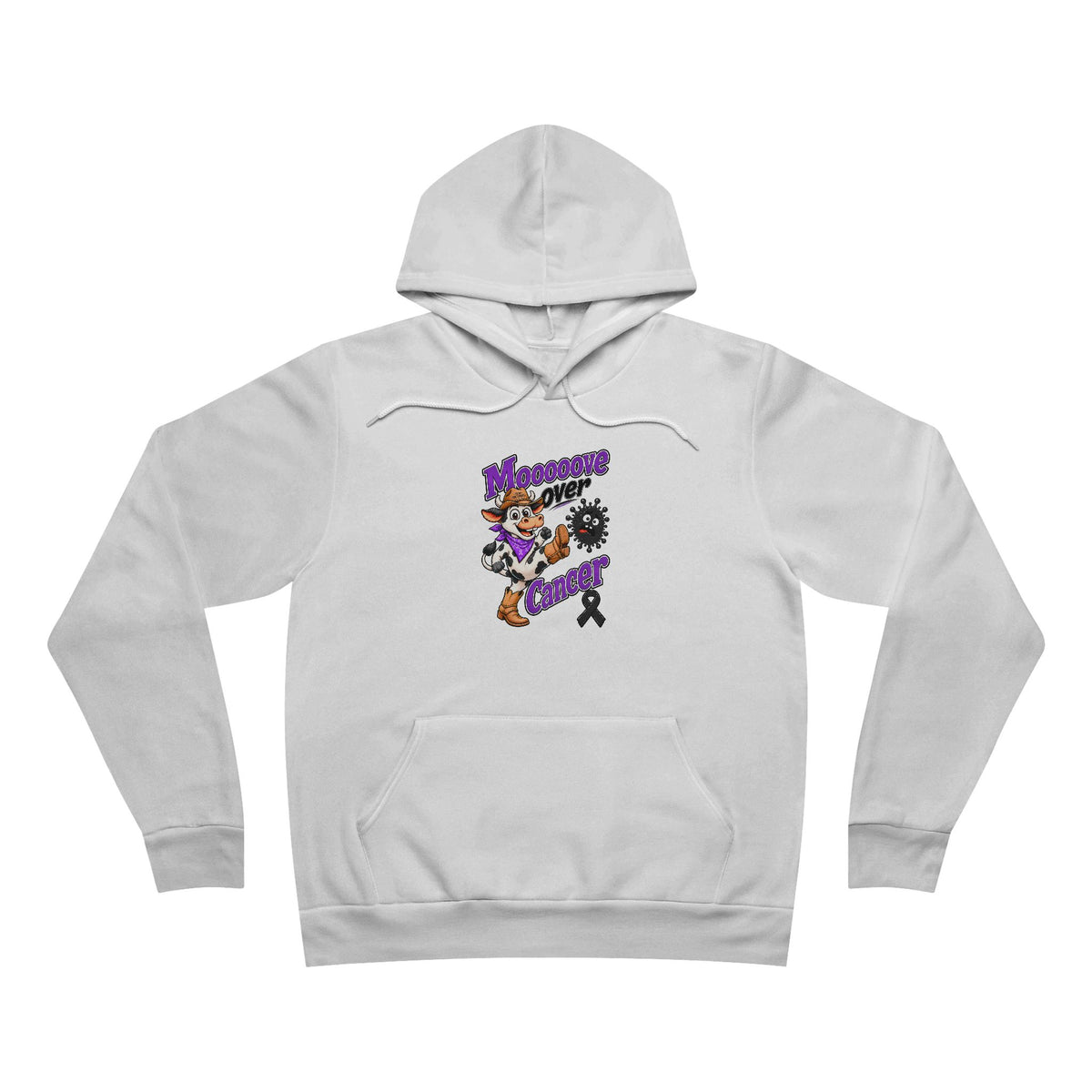 Moooove Over Cancer black ribbon graphic on a white pullover hoodie