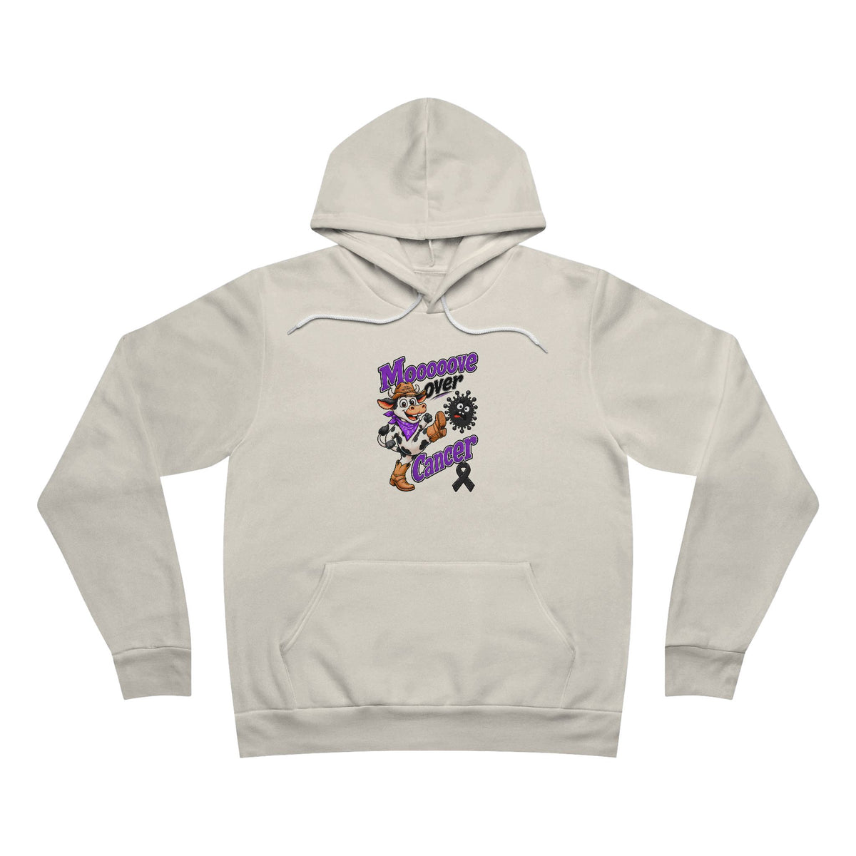 Moooove Over Cancer graphic and black ribbon on a cream hoodie