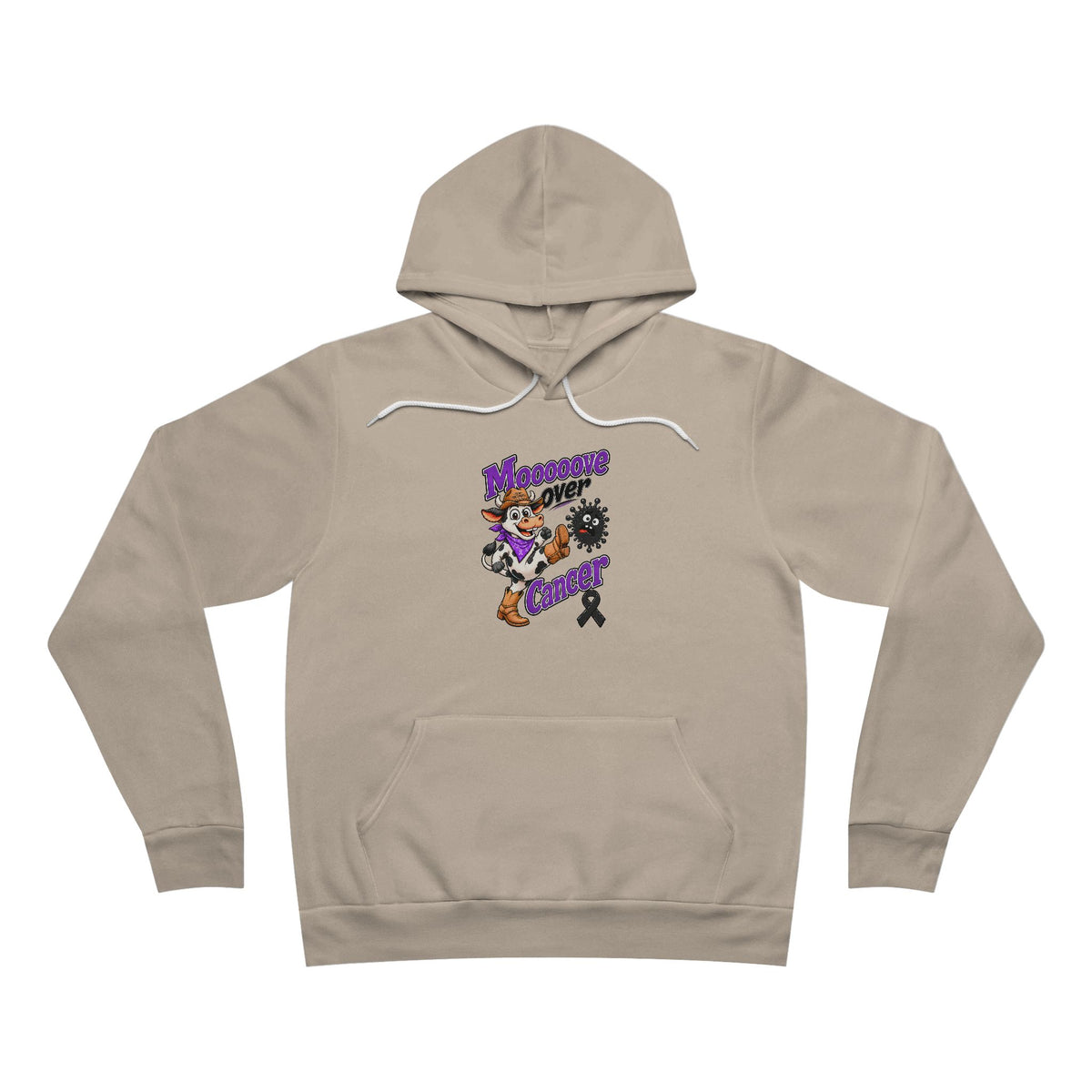 Moooove Over Cancer awareness graphic featured on a taupe pullover hoodie
