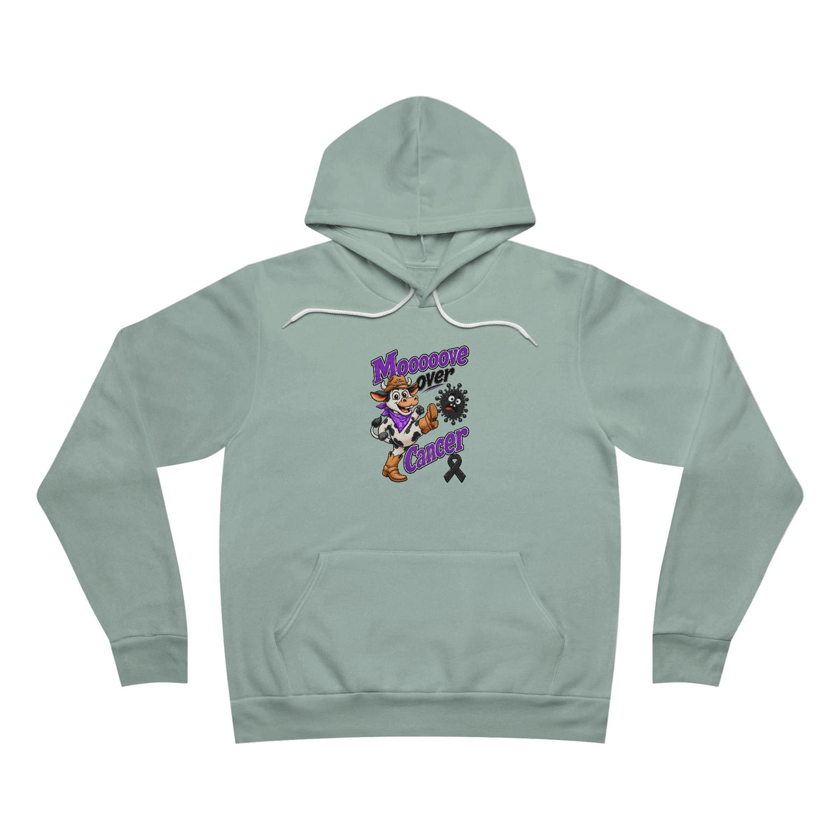 Moooove Over Cancer black ribbon design on a muted sage hoodie
