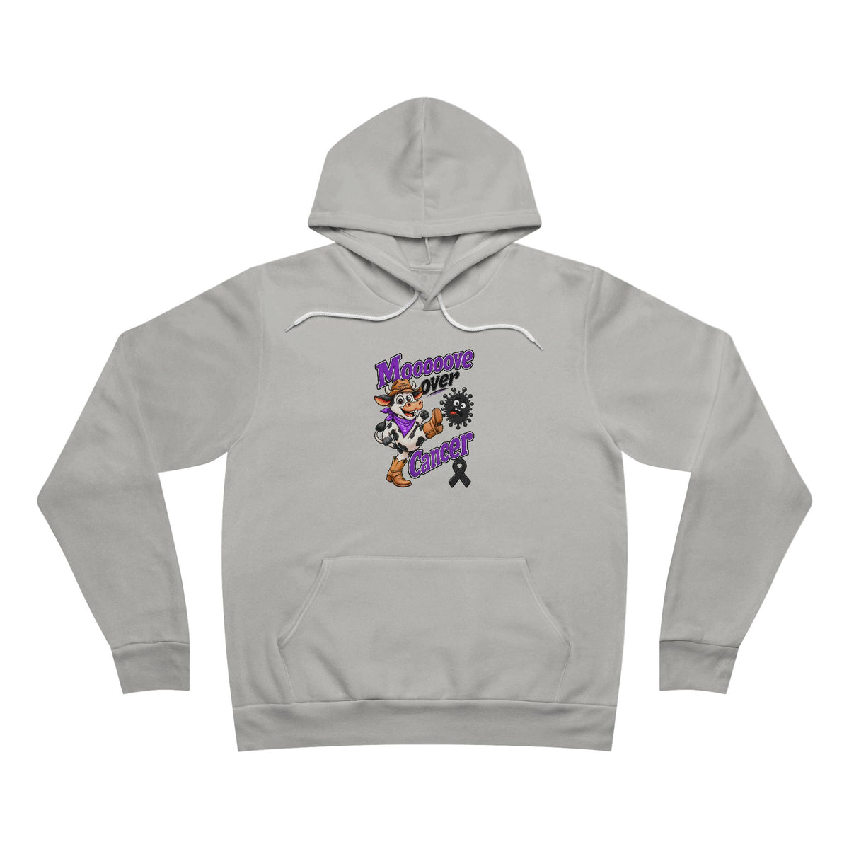Moooove Over Cancer pullover hoodie with black ribbon graphic in light gray